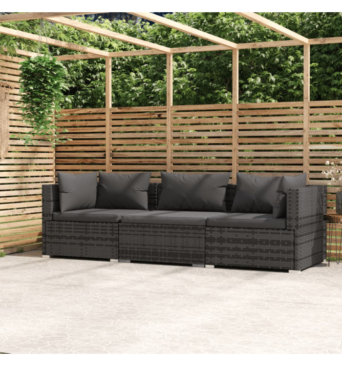 Canapé 3 places avec coussins Gris Résine tressée | Mobilier & Déco