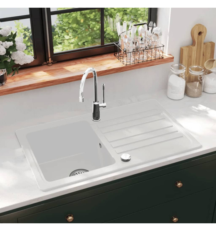 Évier de cuisine réversible à 1 bac en granite crème avec égouttoir | Mobilier & Déco