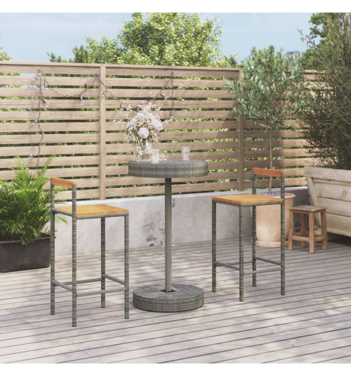Ensemble de bar jardin 3 pcs gris poly rotin/bois massif acacia | Mobilier & Déco