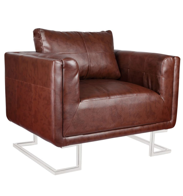 Fauteuil cube avec pieds chromés Marron Similicuir | Mobilier & Déco