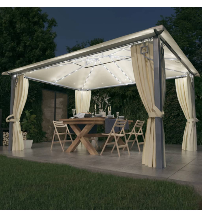 Tonnelle avec rideau et lumières LED 4x3 m Crème Aluminium | Mobilier & Déco
