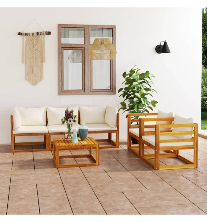 Salon de jardin 6 pcs avec coussin Crème Bois d'acacia solide | Mobilier & Déco