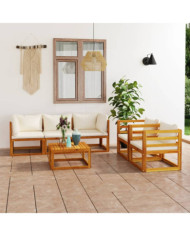 Salon de jardin 6 pcs avec coussin Crème Bois d'acacia solide | Mobilier & Déco