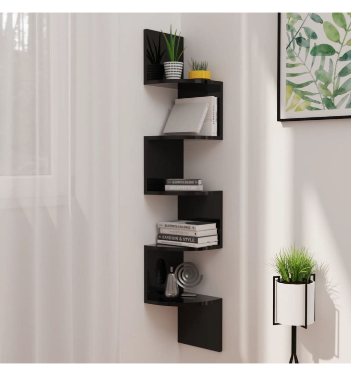 Étagère d'angle murale noir brillant 19x19x123 cm | Mobilier & Déco