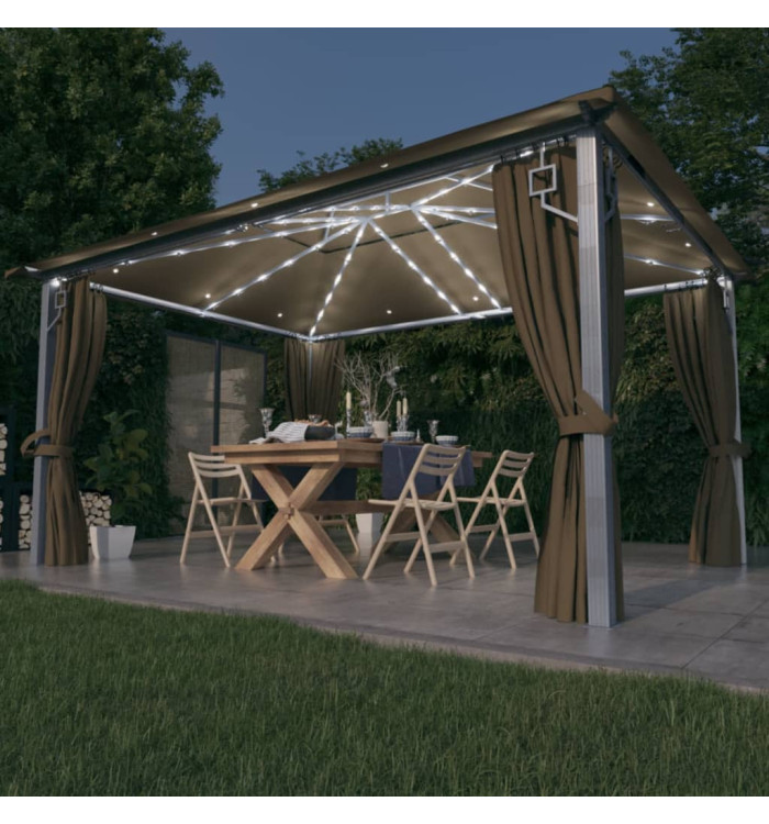 Tonnelle avec rideau et lumières LED 4x3 m Taupe Aluminium | Mobilier & Déco