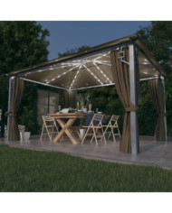 Tonnelle avec rideau et lumières LED 4x3 m Taupe Aluminium | Mobilier & Déco