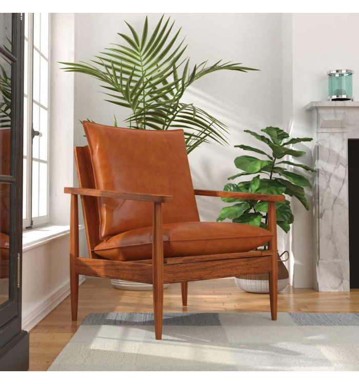 Fauteuil Marron Cuir véritable avec bois d'acacia | Mobilier & Déco