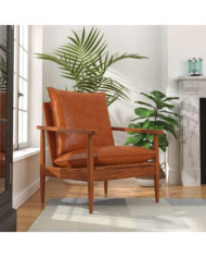 Fauteuil Marron Cuir véritable avec bois d'acacia | Mobilier & Déco
