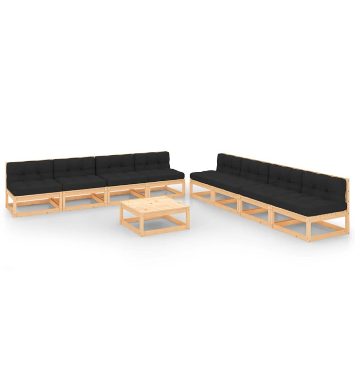 Salon de jardin 9 pcs avec coussins Bois de pin massif | Mobilier & Déco