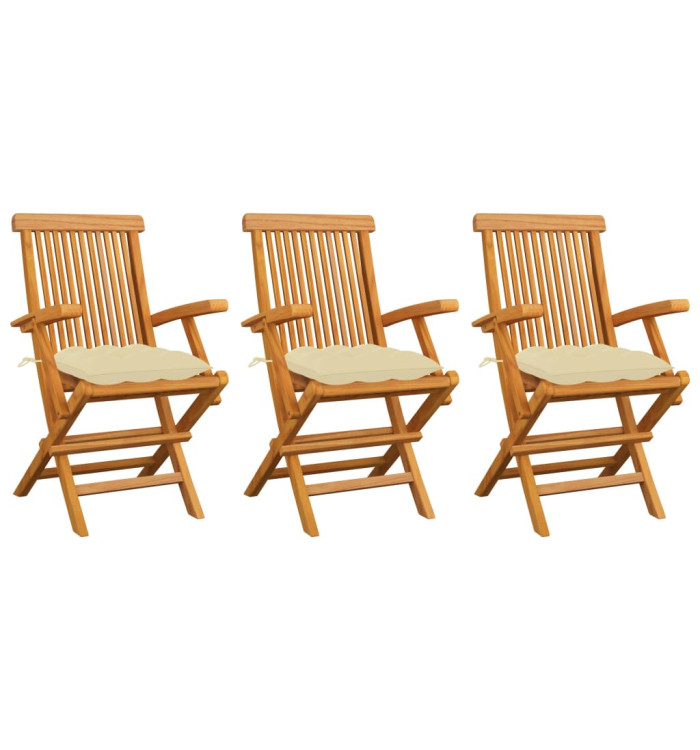 Chaises de jardin et coussins blanc crème lot de 3 Teck massif | Mobilier & Déco