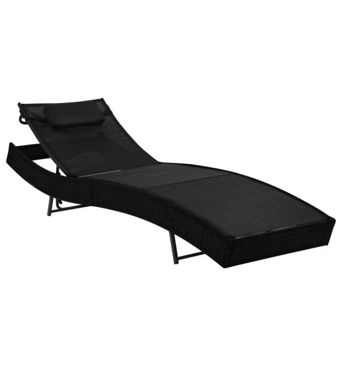 Chaise longue avec oreiller Résine tressée Noir | Mobilier & Déco