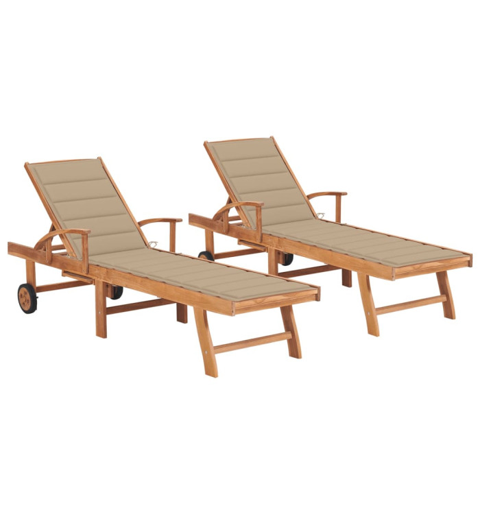 Chaises longues lot de 2 avec coussin beige Bois de teck solide | Mobilier & Déco