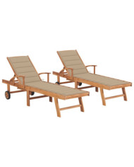 Chaises longues lot de 2 avec coussin beige Bois de teck solide | Mobilier & Déco