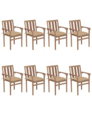Chaises de jardin empilables avec coussins lot de 8 Teck solide | Mobilier & Déco