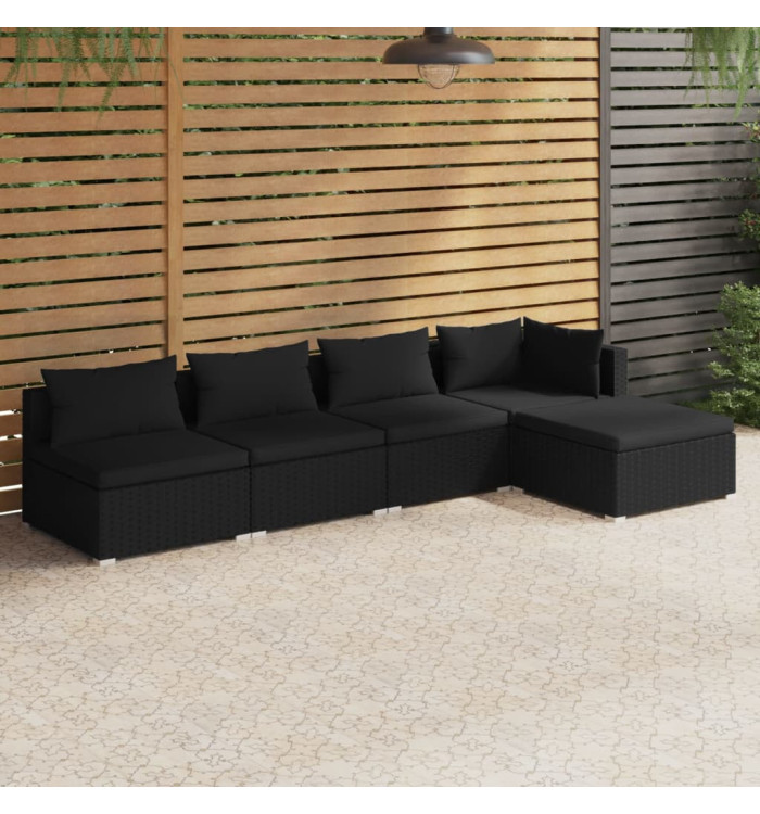 Salon de jardin 5 pcs avec coussins Résine tressée Noir | Mobilier & Déco