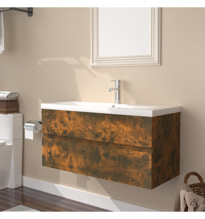 Meuble lavabo avec bassin intégré Chêne fumé Bois d'ingénierie | Mobilier & Déco