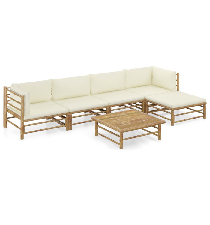 Salon de jardin 6 pcs avec coussins blanc crème bambou | Mobilier & Déco