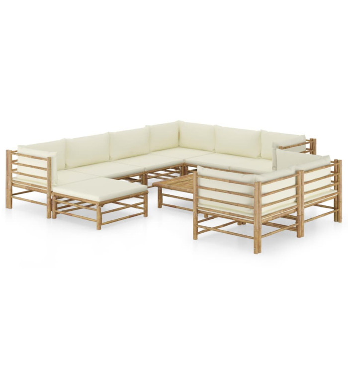 Salon de jardin 10 pcs avec coussins blanc crème bambou | Mobilier & Déco