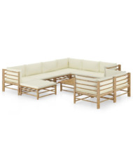Salon de jardin 10 pcs avec coussins blanc crème bambou | Mobilier & Déco