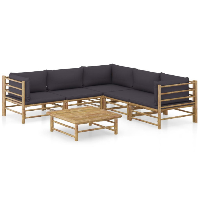 Salon de jardin 6 pcs avec coussins gris foncé bambou | Mobilier & Déco