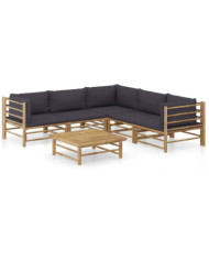 Salon de jardin 6 pcs avec coussins gris foncé bambou | Mobilier & Déco