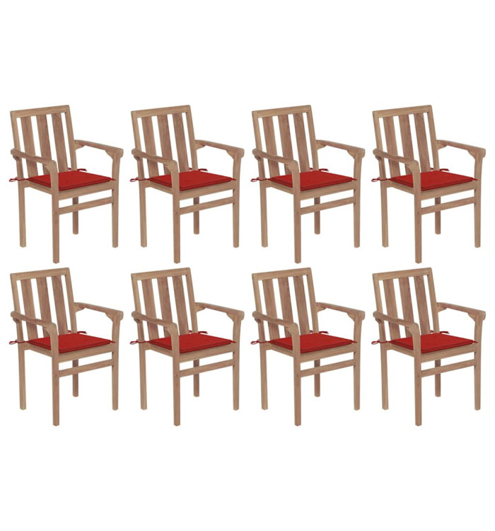 Chaises de jardin empilables avec coussins lot de 8 Teck solide | Mobilier & Déco