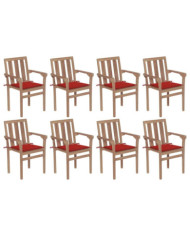 Chaises de jardin empilables avec coussins lot de 8 Teck solide | Mobilier & Déco
