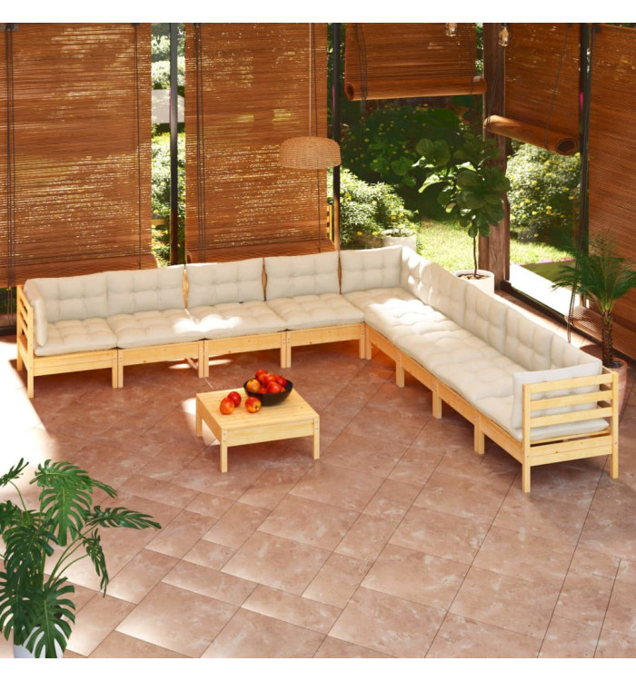 Salon de jardin 10 pcs avec coussins crème bois de pin massif | Mobilier & Déco
