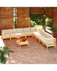 Salon de jardin 10 pcs avec coussins crème bois de pin massif | Mobilier & Déco