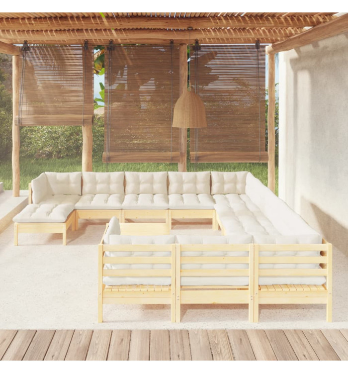Salon de jardin 13 pcs avec coussins crème bois de pin | Mobilier & Déco