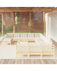 Salon de jardin 13 pcs avec coussins crème bois de pin | Mobilier & Déco