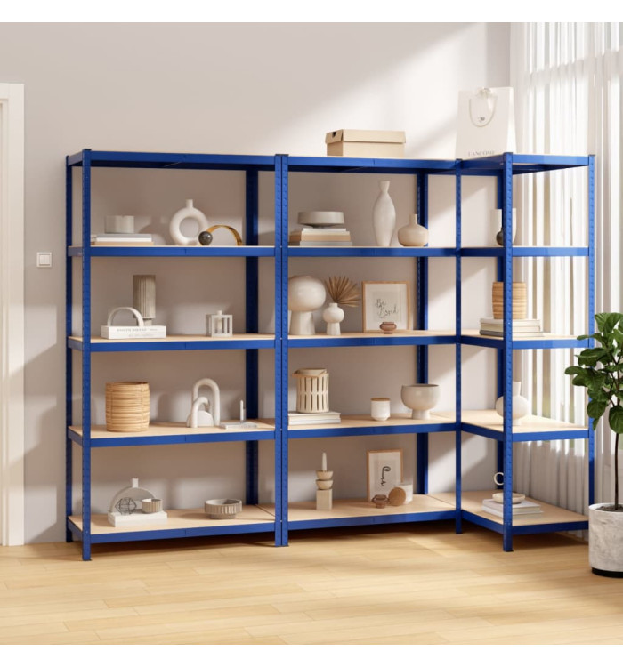 Étagères à 5 niveaux 3 pcs Bleu Acier et bois d'ingénierie | Mobilier & Déco