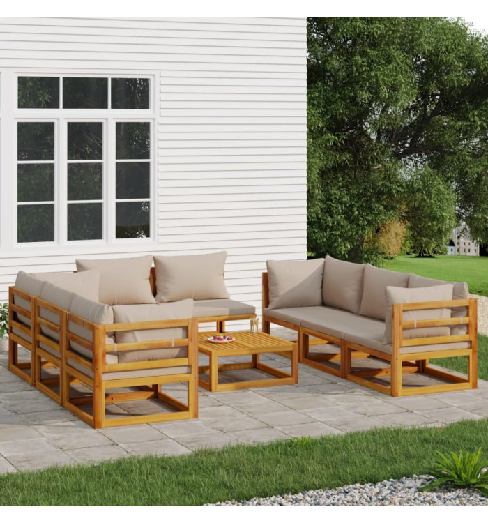 Salon de jardin 9 pcs avec coussins taupe bois massif | Mobilier & Déco