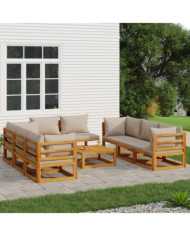 Salon de jardin 9 pcs avec coussins taupe bois massif | Mobilier & Déco