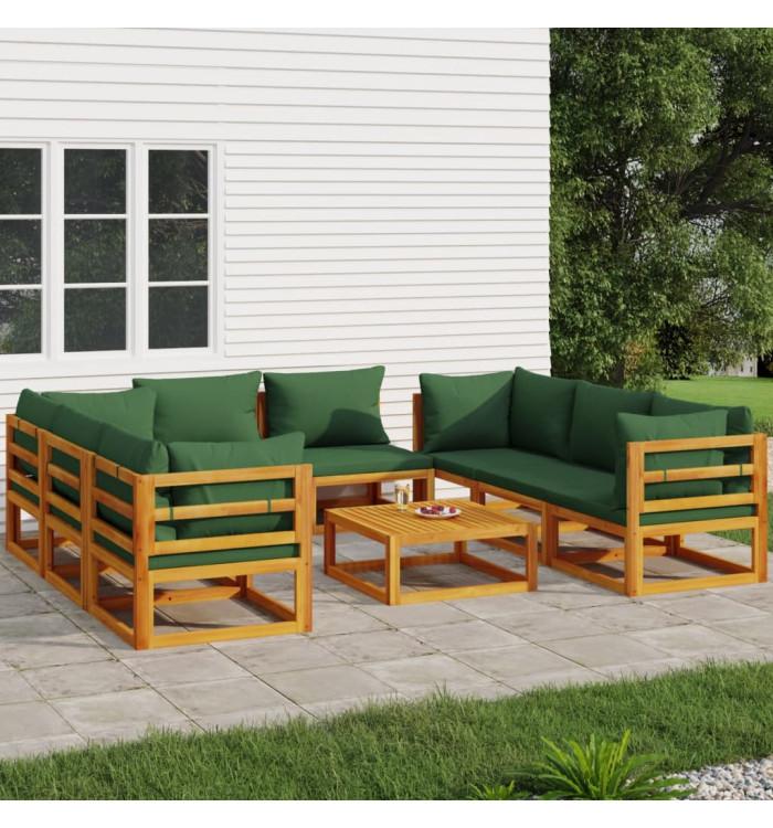 Salon de jardin 9 pcs avec coussins vert bois massif | Mobilier & Déco