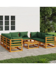 Salon de jardin 9 pcs avec coussins vert bois massif | Mobilier & Déco