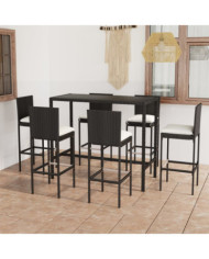 Ensemble de bar de jardin 7 pcs et coussins Résine tressée Noir | Mobilier & Déco