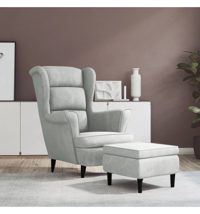 Fauteuil à oreilles avec tabouret gris clair velours | Mobilier & Déco