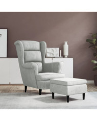 Fauteuil à oreilles avec tabouret gris clair velours | Mobilier & Déco