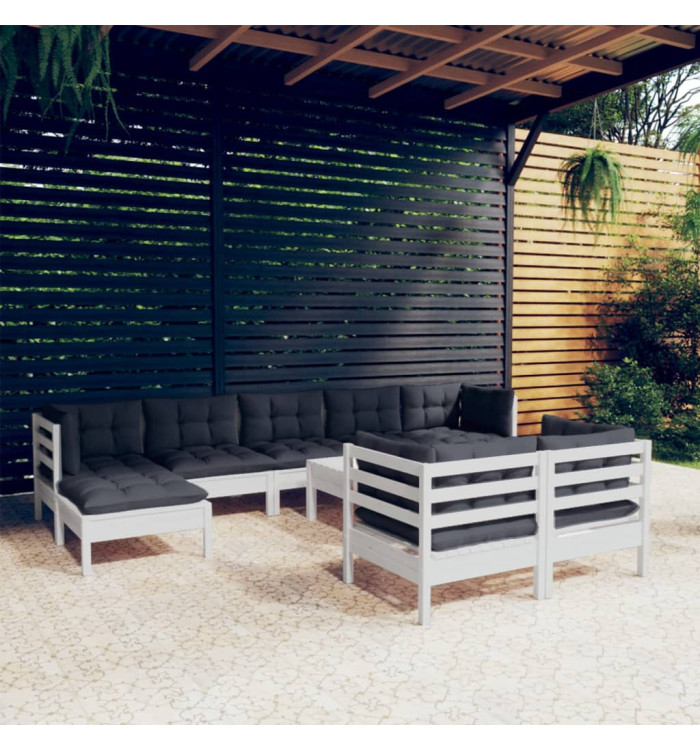 Salon de jardin 10 pcs avec coussins blanc bois de pin massif | Mobilier & Déco