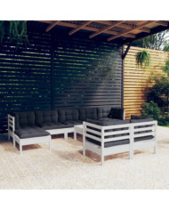 Salon de jardin 10 pcs avec coussins blanc bois de pin massif | Mobilier & Déco