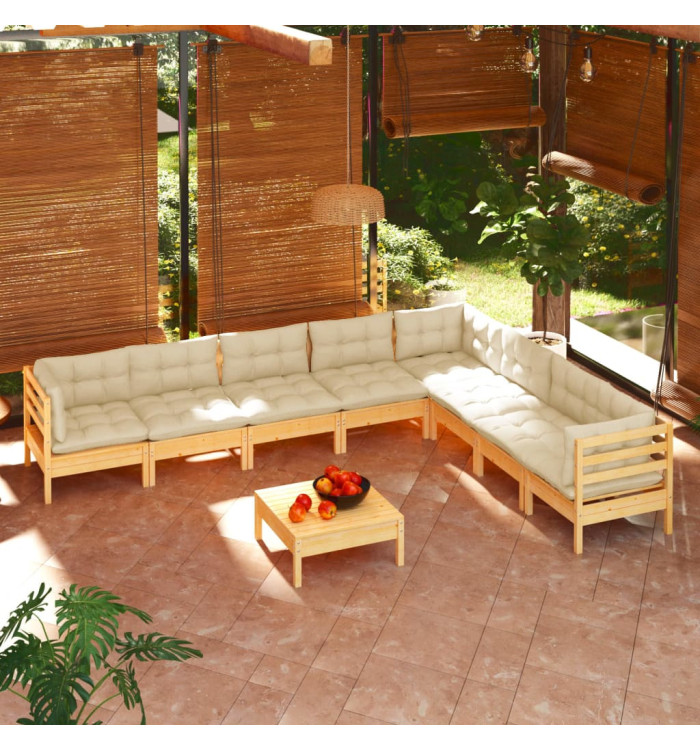 Salon de jardin 9 pcs avec coussins crème bois de pin massif | Mobilier & Déco
