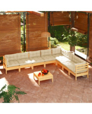 Salon de jardin 9 pcs avec coussins crème bois de pin massif | Mobilier & Déco