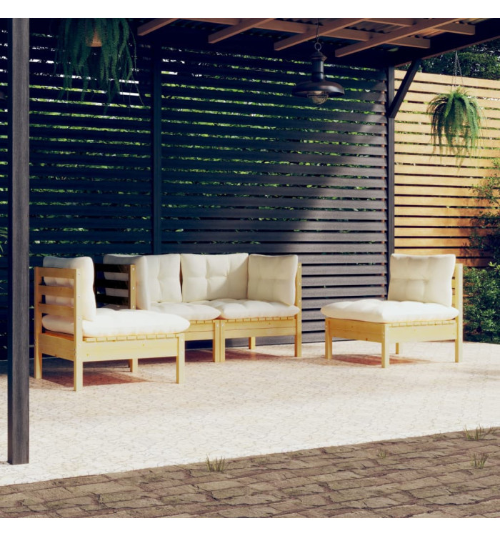 Salon de jardin 4 pcs avec coussins crème Bois de pin massif | Mobilier & Déco