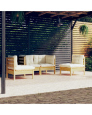 Salon de jardin 4 pcs avec coussins crème Bois de pin massif | Mobilier & Déco