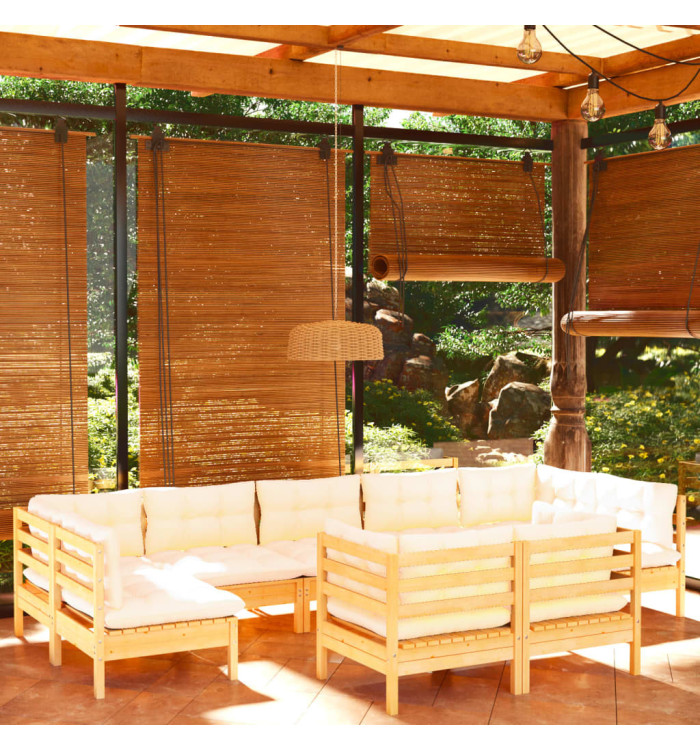 Salon de jardin 9 pcs avec coussins crème bois de pin massif | Mobilier & Déco