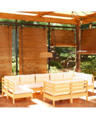 Salon de jardin 9 pcs avec coussins crème bois de pin massif | Mobilier & Déco