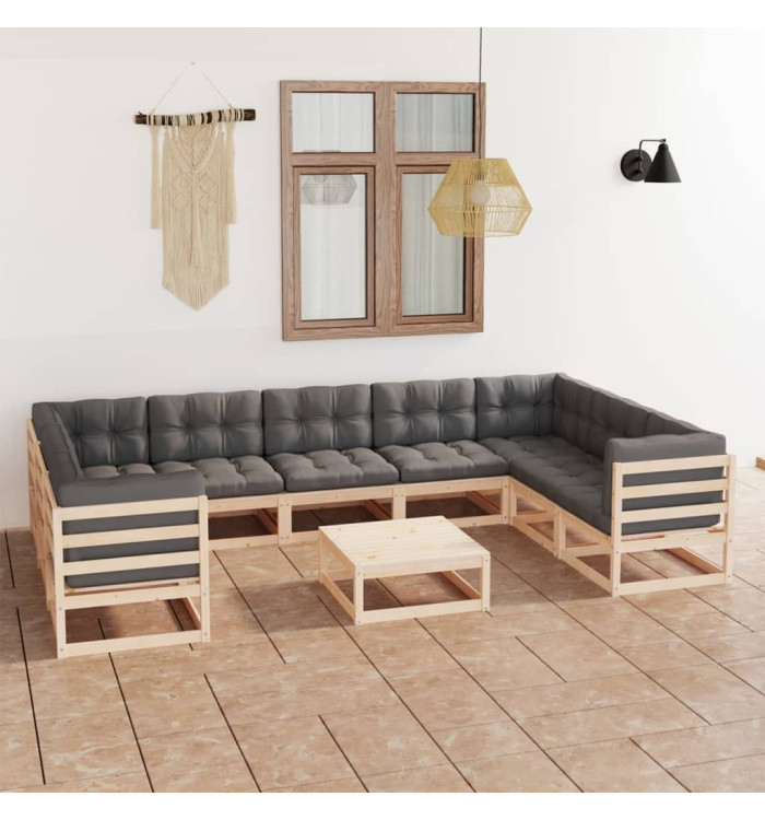 Salon de jardin 10 pcs avec coussins Bois de pin massif | Mobilier & Déco