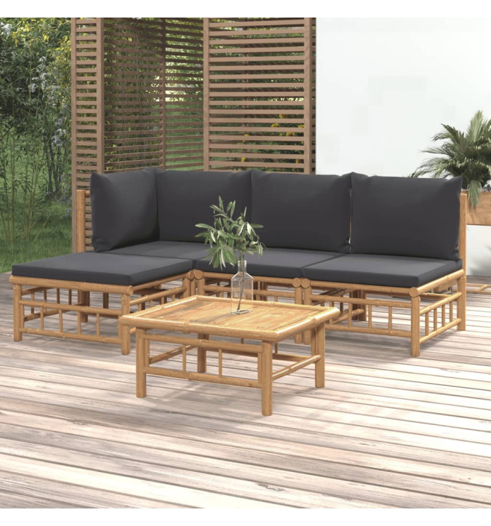 Salon de jardin 5 pcs avec coussins gris foncé bambou | Mobilier & Déco