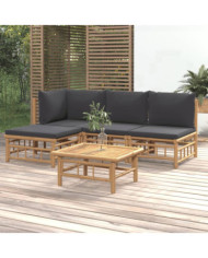 Salon de jardin 5 pcs avec coussins gris foncé bambou | Mobilier & Déco